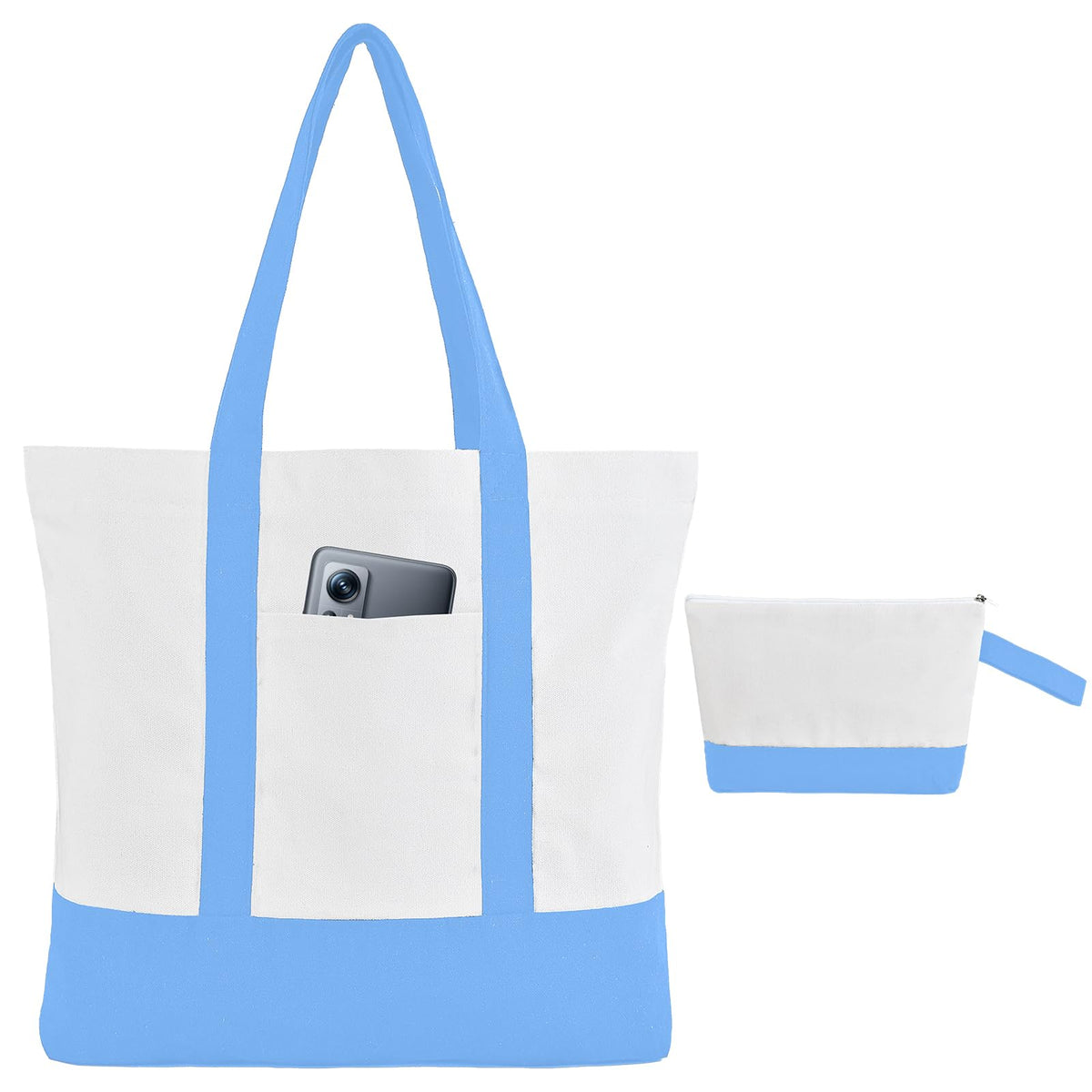 2-Pack Canvas Tote Bags and Makeup Bags, Cotton Zipper Bag, All Black
