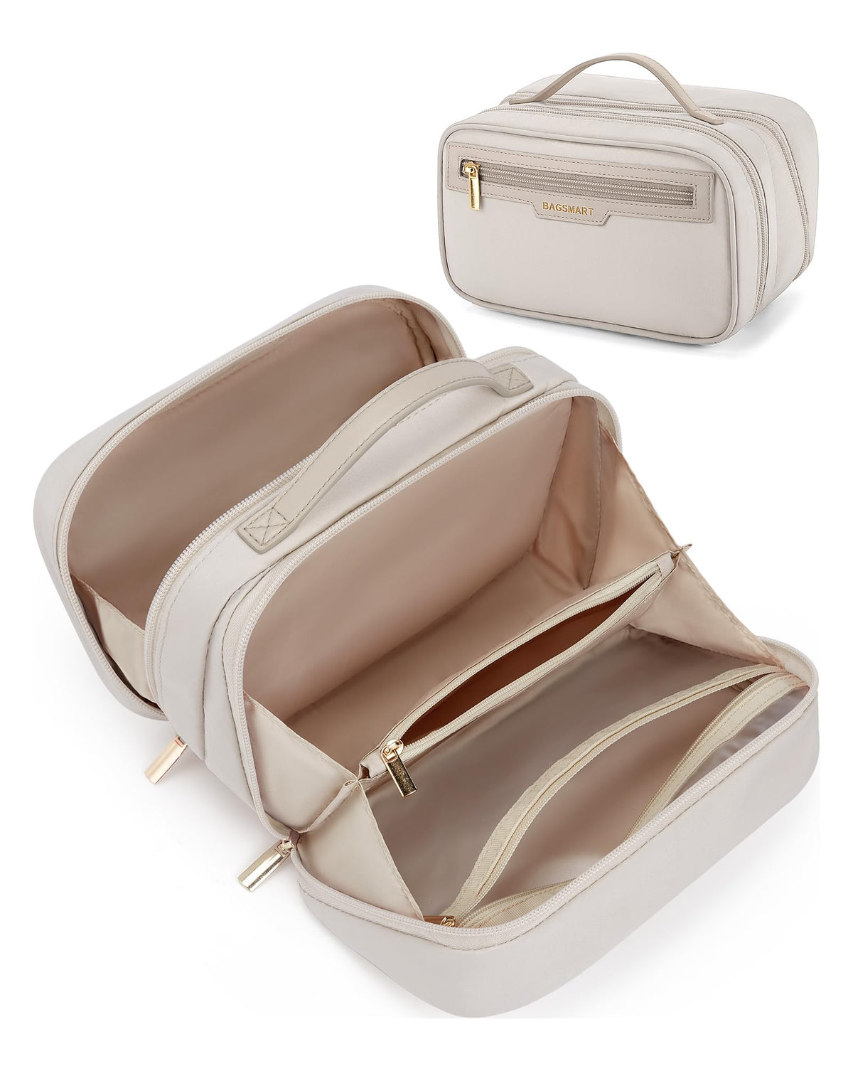 BAGSMART Travel Makeup Bag, Make Up Bag with Multiple Compartments for Organizer, Durable & Compact Cosmetic Organizer for Women for Travel Accessories (Beige)