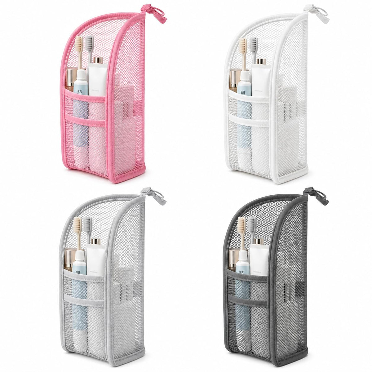 Standing Toiletry Bag,Portable Foldable Hanging Travel Organizer with Zipper and Loop,Mesh Large Capacity Cosmetic Waterproof Bag for Bathroom,Suitcase Packing,Toiletries,Makeup,Skincare (2PC,White)