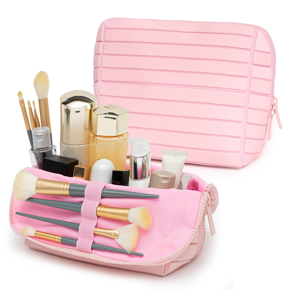 Minoisome Travel Makeup Bag,PU leather toiletry bag,make up organizer case for women,Large Capacity Cosmetic Bag,Wide-open Pouch Purse,Toiletries Accessories,Fold-Down Design and Adjustable Dividers.