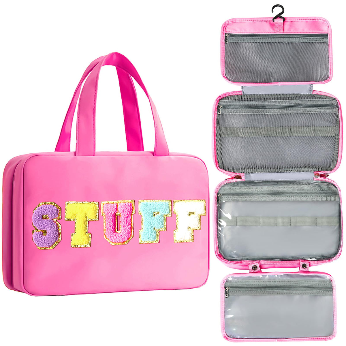 Toiletry Bag for Women Travel Water-resistant Cosmetic Bag Fashion Stripes Makeup Bag with Hanging Hook Preppy for Store Toiletries Cosmetic Accessories Medium Pink