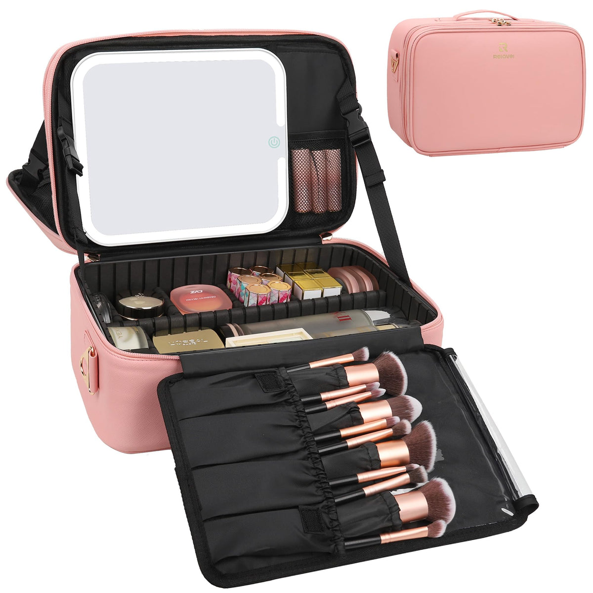 Chomeiu Makeup Bag with LED Mirror, Travel Cosmetic Bag with Shoulder Strap