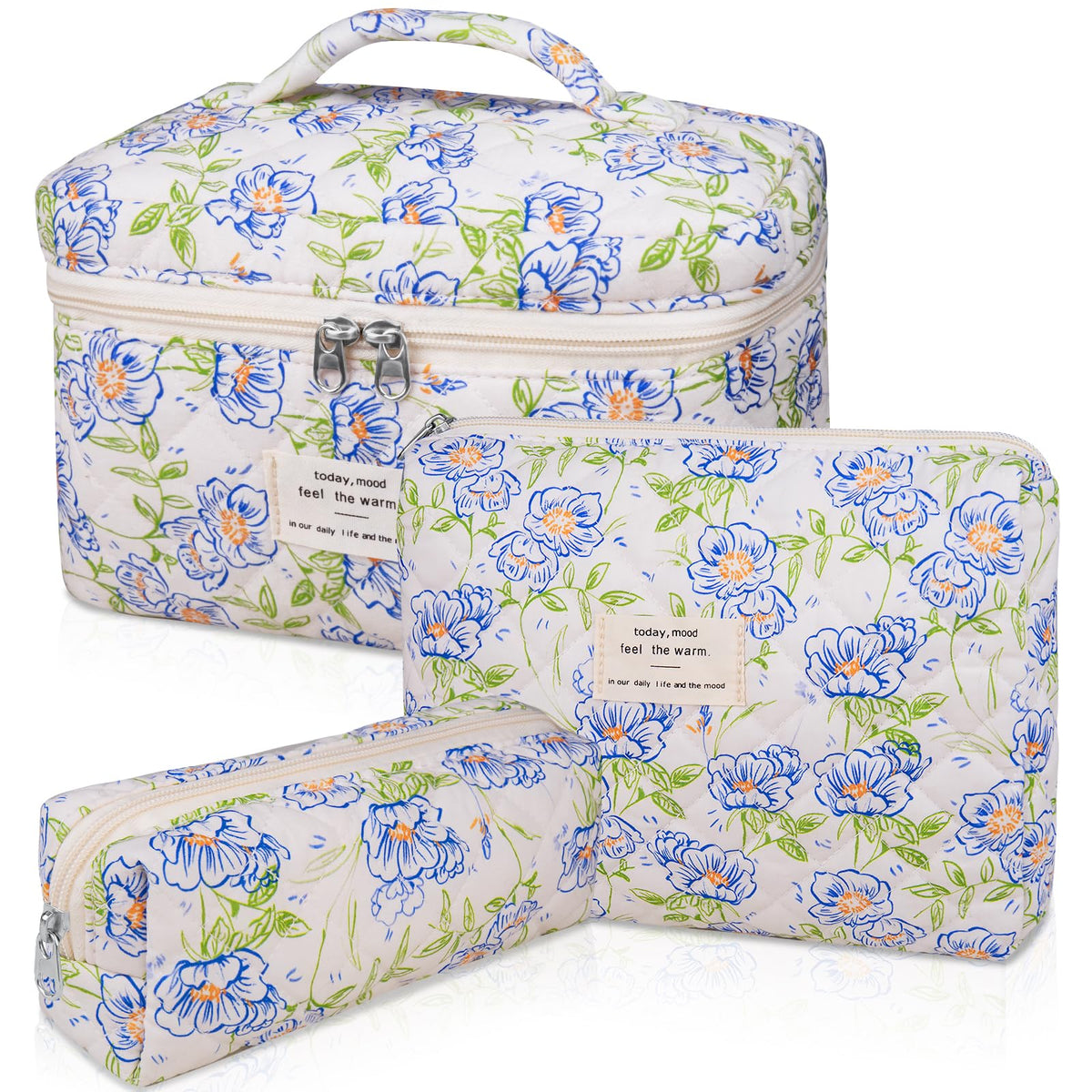 Gosect Makeup Bag Set, Quilted Makeup Bags, Large Floral Cosmetic Bag for Women, Cute Cotton Makeup Bags, Flower Travel Toiletry Organizer Bag (Folk Style)
