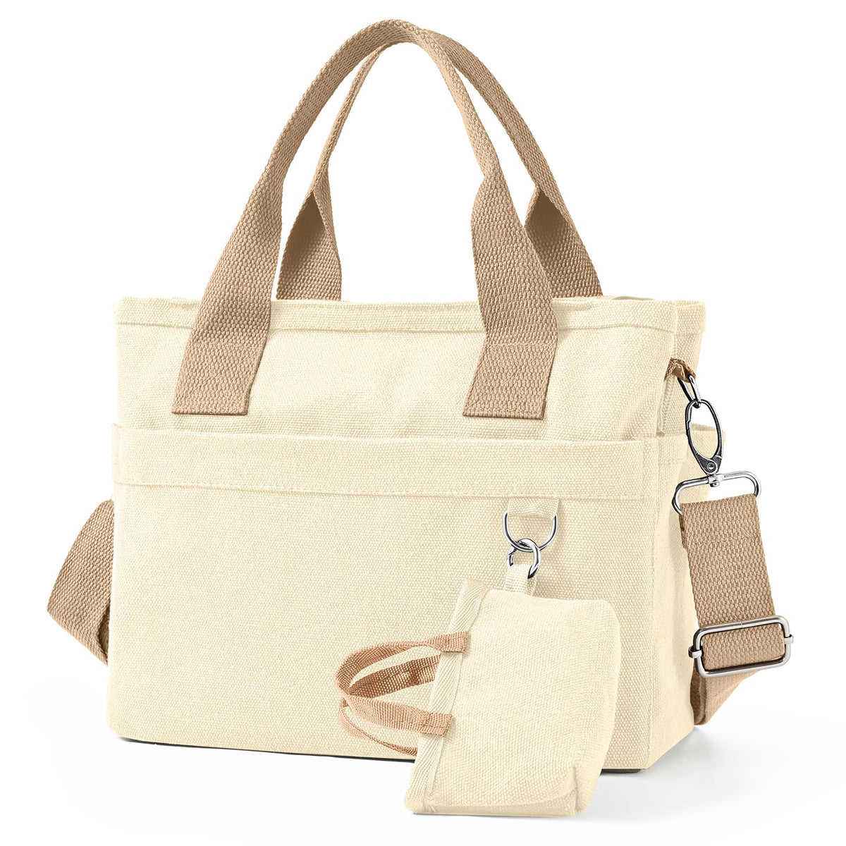 Small Canvas Tote Bag with Multi Pockets, Crossbody Shoulder Bag with Compartments and Zipper, Lightweight Adjustable