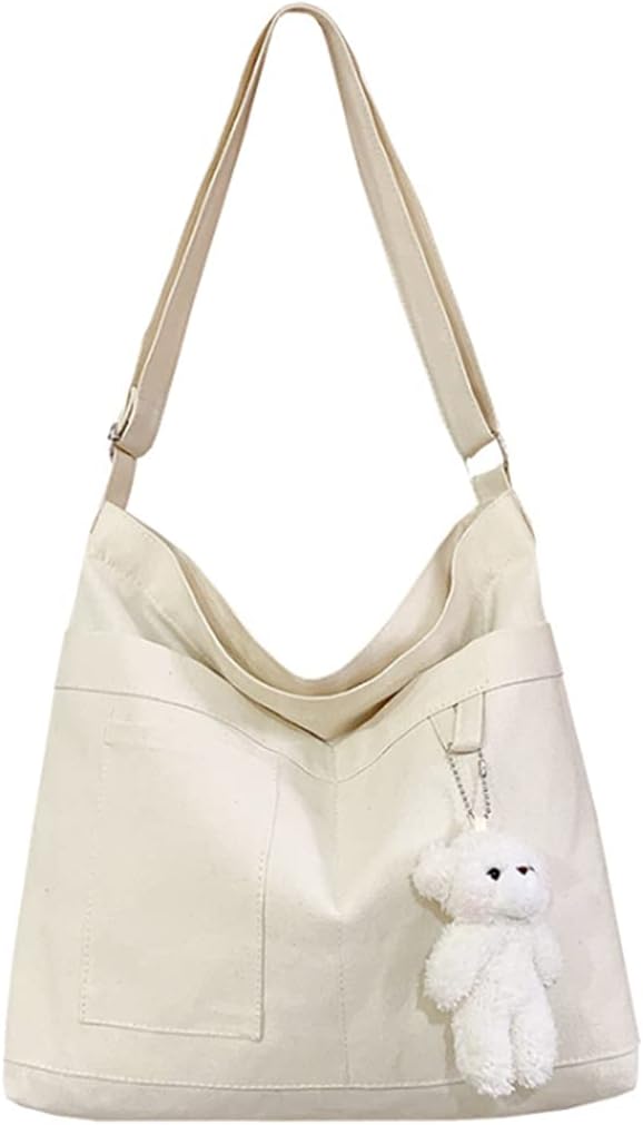 Cotton Tote Handbag Women Canvas Crossbody Beach Bag Hobo Shoulder Tote Bag with 3 External Pocket,Zipper Closure