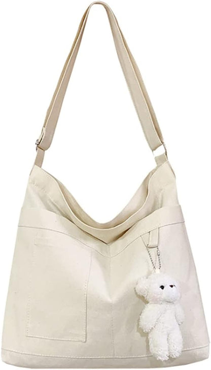 Cotton Tote Handbag Women Canvas Crossbody Beach Bag Hobo Shoulder Tote Bag with 3 External Pocket,Zipper Closure