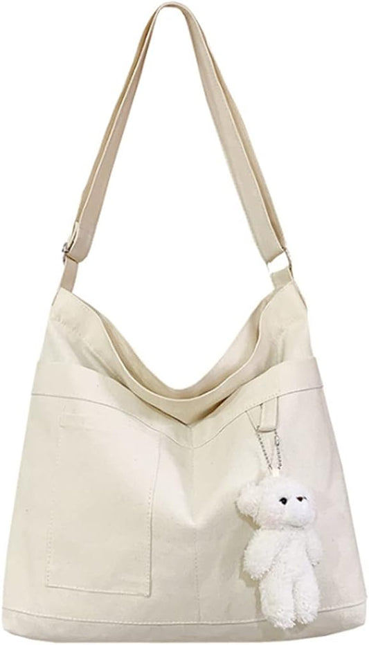 Cotton Tote Handbag Women Canvas Crossbody Beach Bag Hobo Shoulder Tote Bag with 3 External Pocket,Zipper Closure