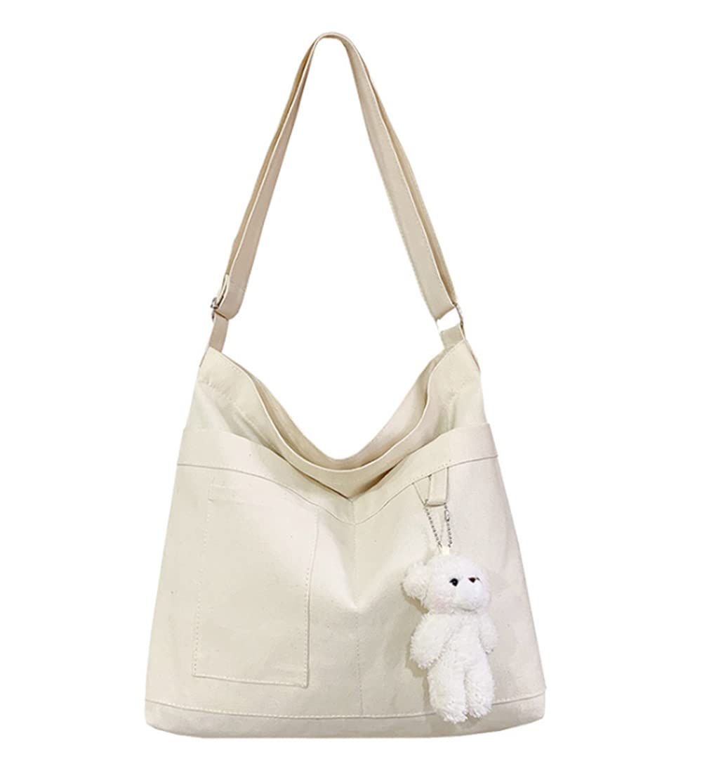 Cotton Tote Handbag Women Canvas Crossbody Beach Bag Hobo Shoulder Tote Bag with 3 External Pocket,Zipper Closure