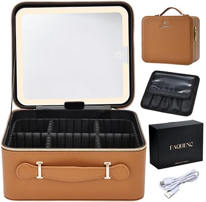 Faquenc Leather Makeup Case with LED Lighted Mirror 11.4 Inch Travel Makeup Bag Adjustable Brightness in 3 Colors Cosmetic Organizer Artist Storage Bag with Dividers Brush Holder Bag Vanity White