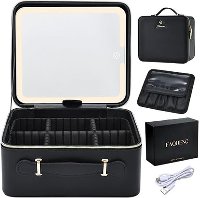 Faquenc Leather Makeup Case with LED Lighted Mirror 11.4 Inch Travel Makeup Bag Adjustable Brightness in 3 Colors Cosmetic Organizer Artist Storage Bag with Dividers Brush Holder Bag Vanity White