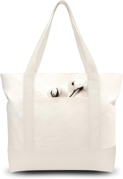 TOPDesign 1-Pack Canvas Tote Bag with an External Pocket, Reusable Grocery Shopping Bag, Top Zipper Closure, Daily Essentials (Natural)