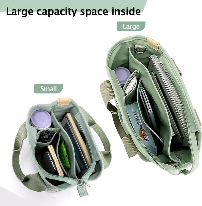 Small Tote Bag with Zipper, Canvas Multi-Pocket Crossbody Bag Shoulder Bag Satchel Hobo Bag