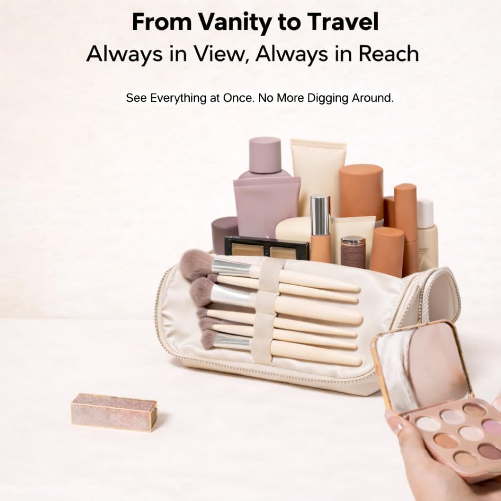 APT 1101 Standing Foldable Makeup Bag for Travel, Vertical Folding Down Design, Organized Cosmetic & Skincare Bag