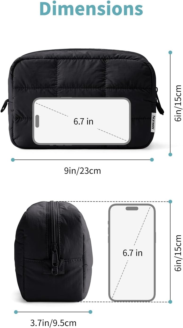 Narwey Puffy Makeup Bag Travel Toiletry Bag, Quilted Cosmetic Bag for Women