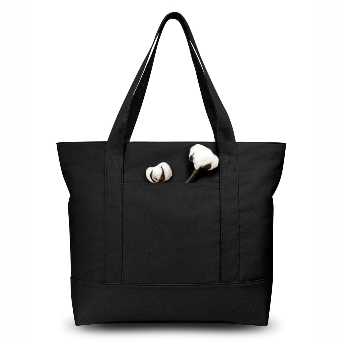 TOPDesign 1 | 3 | 6 | 30 Pack Canvas Tote Bag with an External Pocket, Reusable Grocery Shopping Bag, Top Zipper Closure, Daily Essentials (Black/Natural Pack of 1)