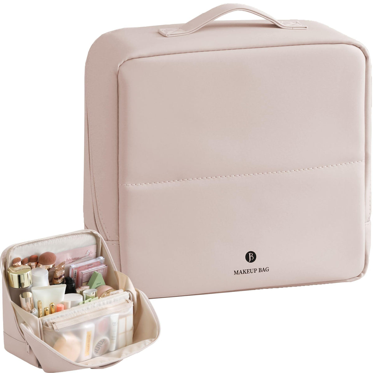 tianzong Travel Makeup Bag with Magnetic Fold-Down Flap, Waterproof Leather Cosmetic and Toiletry Organizer for Women, Multi-Zone Standing Storage, Dusty Rose, X-Large