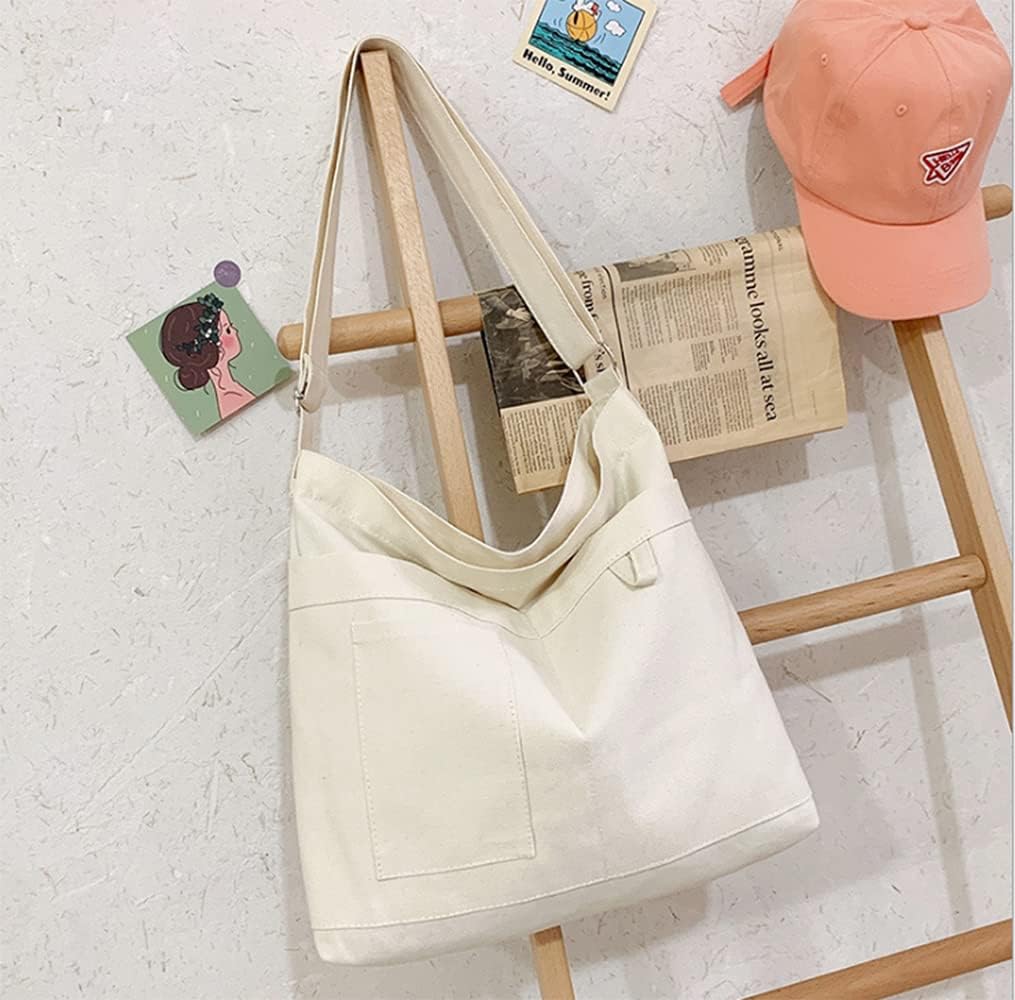 Cotton Tote Handbag Women Canvas Crossbody Beach Bag Hobo Shoulder Tote Bag with 3 External Pocket,Zipper Closure
