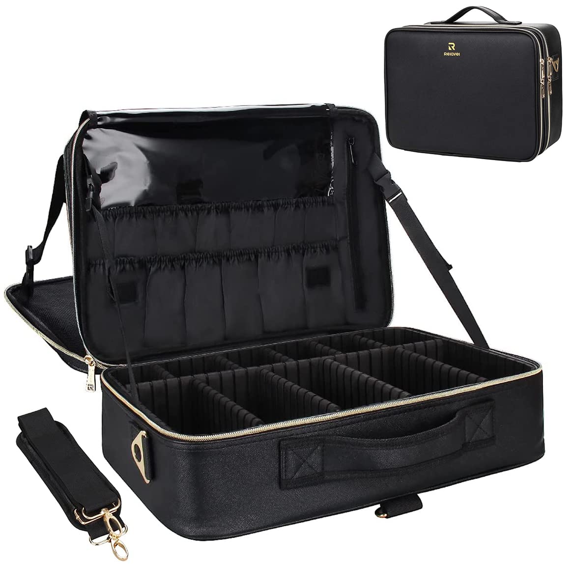 Relavel Makeup Case Large Makeup Bag Professional Train Case Travel Cosmetic Organizer Brush Holder Waterproof Makeup Artist Storage Box, 3 Layer Large Capacity, with Adjustable Strap, Rose Pink
