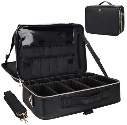 Relavel Makeup Case Large Makeup Bag Professional Train Case Travel Cosmetic Organizer Brush Holder Waterproof Makeup Artist Storage Box, 3 Layer Large Capacity, with Adjustable Strap, Rose Pink