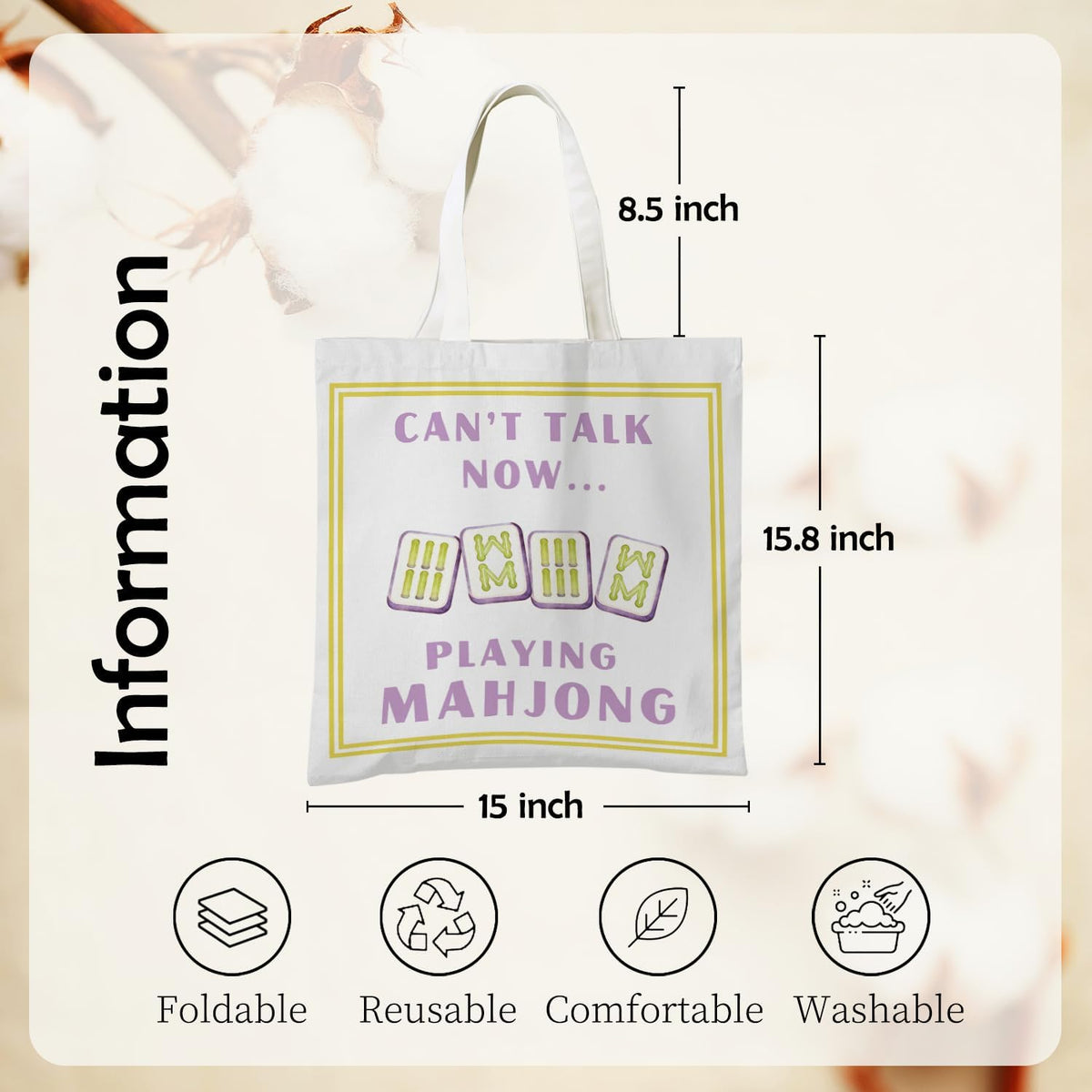 Mahjong Tote Bag for Women, Canvas Gifts and Accessories for Players, Reusable Grocery Beach Everyday Carry Bag