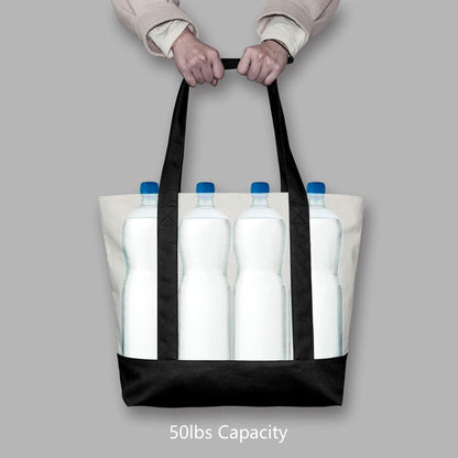 TOPDesign 1 | 3 | 6 | 30 Pack Canvas Tote Bag with an External Pocket, Reusable Grocery Shopping Bag, Top Zipper Closure, Daily Essentials (Black/Natural Pack of 1)