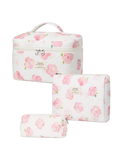 Gosect Makeup Bag Set, Quilted Makeup Bags, Large Floral Cosmetic Bag for Women, Cute Cotton Makeup Bags, Flower Travel Toiletry Organizer Bag (Folk Style)