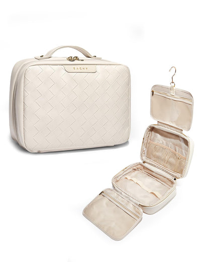 EACHY Toiletry Bag with Hanging Hook, Travel Makeup Bag PU Leather Cosmetic Bags for Women Make Up Organizer with 4 Compartments Waterproof Full-Size Portable Travel Essentials (Beige)