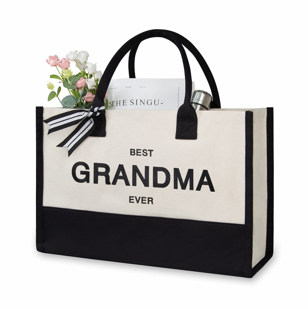 TOPDesign Personalized Initial Canvas Beach Bag, Monogrammed Gift Tote Bag for Women
