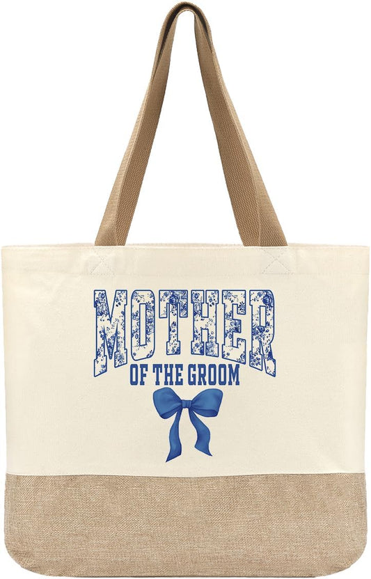 Bride Gifts Canvas Tote Bag, Bridal Shower Gifts, Bachelorette Gift for Bride, Wifey Wedding Gift, Blue Bow Groom Mother Reusable Tote Bag for Wedding Engagement Parties Honeymoon Beach Travel