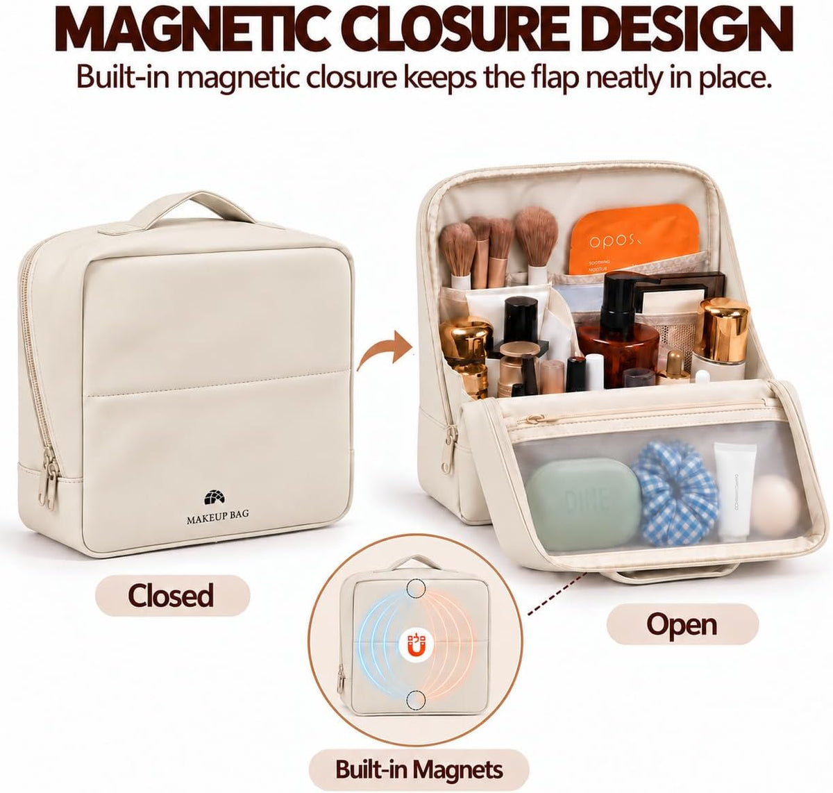 Travel Makeup Bag with Magnetic Fold-Down Flap