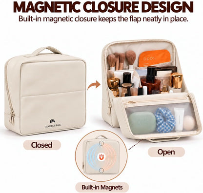 Travel Makeup Bag with Magnetic Fold-Down Flap