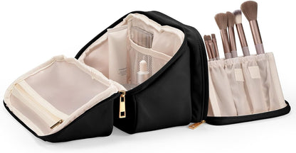 HauteHues Travel Makeup Bag for Women, Large Capacity Cosmetic Organizer & Toiletry Bag with Wide-Open Design, with Brush Holders & Compartments, Waterproof Case for Makeup & Skincare, Black