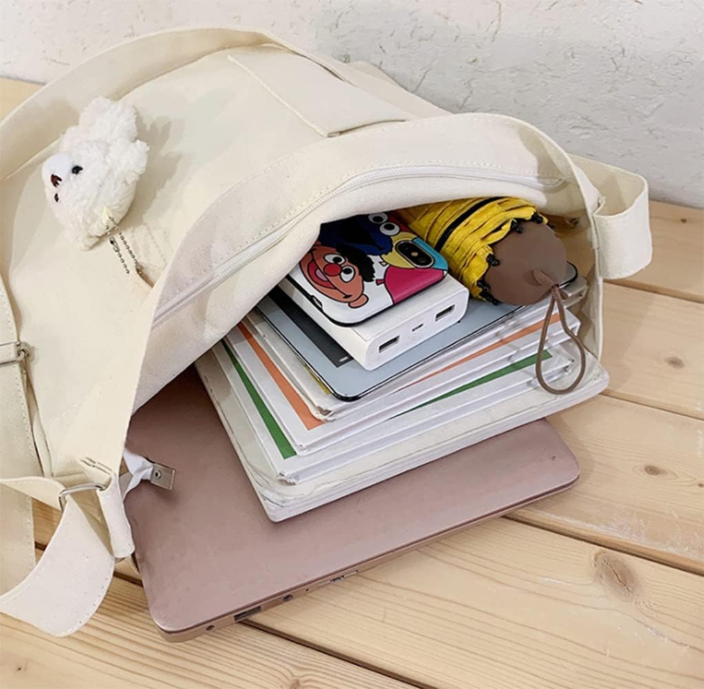 Cotton Tote Handbag Women Canvas Crossbody Beach Bag Hobo Shoulder Tote Bag with 3 External Pocket,Zipper Closure