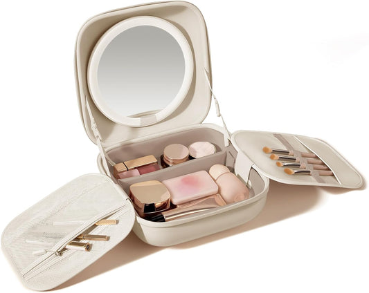 AMIRO Travel Makeup Bag with Stepless Brightness&3 Color LED Mirror, White