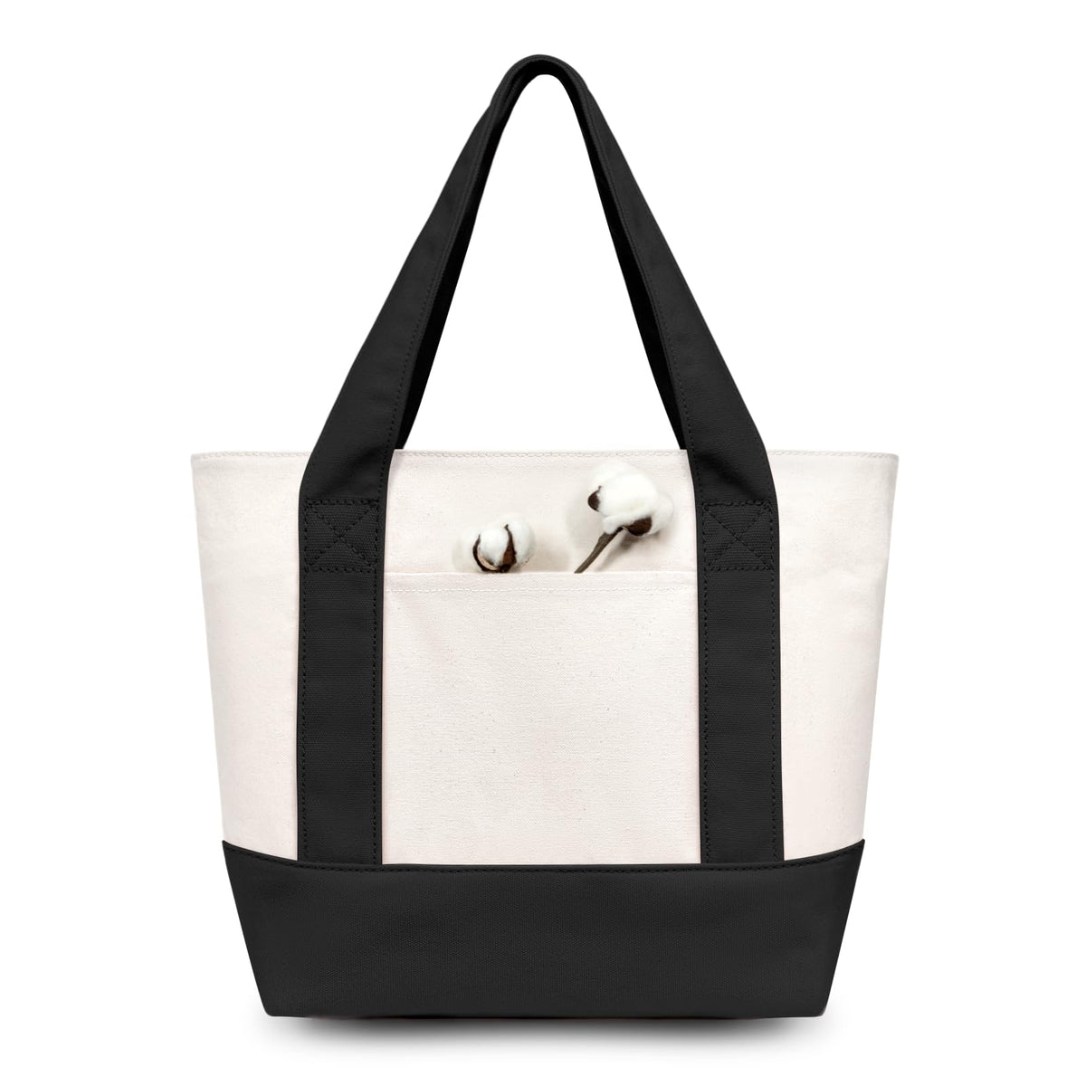 TOPDesign 1 | 3 | 6 | 30 Pack Canvas Tote Bag with an External Pocket, Reusable Grocery Shopping Bag, Top Zipper Closure, Daily Essentials (Black/Natural Pack of 1)