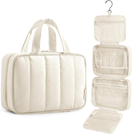 BAGSMART Travel Toiletry Bag for women, Portable Hanging Hook Makeup Bag Organizer, Waterproof Makeup Cosmetic Bag, for Full-Size Accessories, Toiletries, Beige