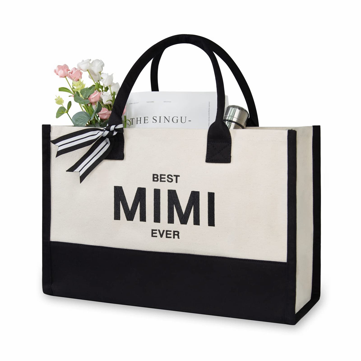 TOPDesign Personalized Initial Canvas Beach Bag, Monogrammed Gift Tote Bag for Women