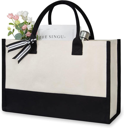 TOPDesign Personalized Initial Canvas Beach Bag, Monogrammed Gift Tote Bag for Women