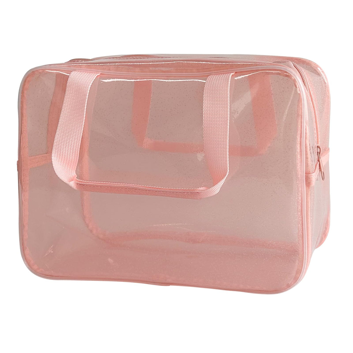 PVC Clear Pure Color Transparent Large Zipper Cosmetic Pouch Travel Makeup Cosmetic Bag with Handle for Travel Bathroom Toiletry Organizer (Clear+Black Handle)