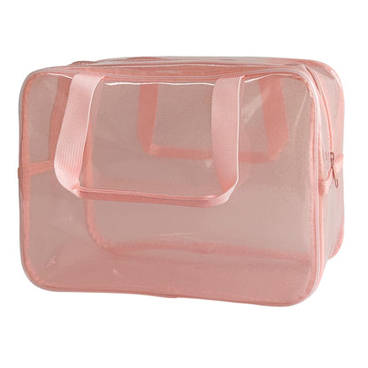PVC Clear Pure Color Transparent Large Zipper Cosmetic Pouch Travel Makeup Cosmetic Bag with Handle for Travel Bathroom Toiletry Organizer (Clear+Black Handle)