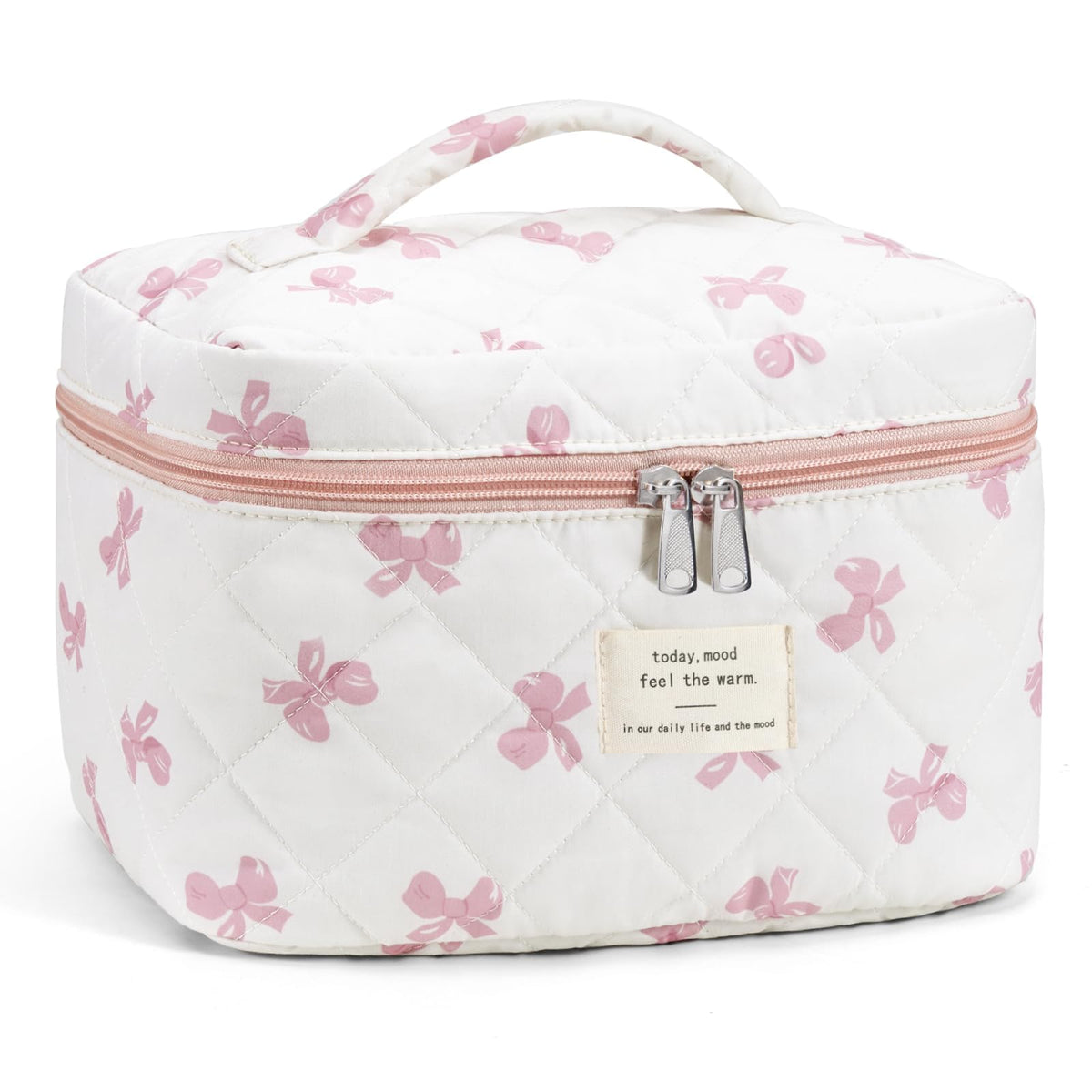 Makeup Bag for Women Quilted Cotton Make Up Bag Travel Cosmetic Bag Large Makeup Bag Cute Makeup Bags Organizer Floral Toiletry Bag Makeup Pouch for Purse, Pink Floral A-1PCS