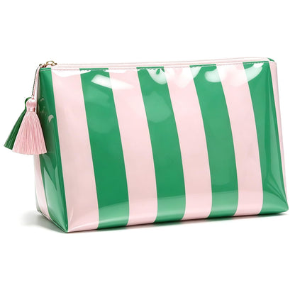 Preppy Stripe Clear Travel Makeup Bag, Waterproof Glossy PVC Cosmetic Organizer with Handle, Large Capacity Toiletry Bag for Women,Travel Organizer Zipper Pouch Beach Vacation Essentials (Pink White)