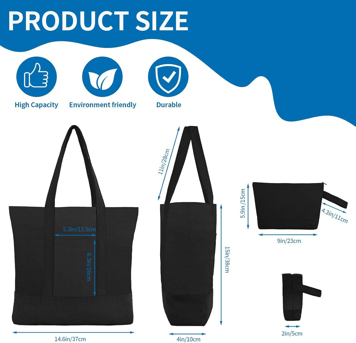 2-Pack Canvas Tote Bags and Makeup Bags, Cotton Zipper Bag, All Black