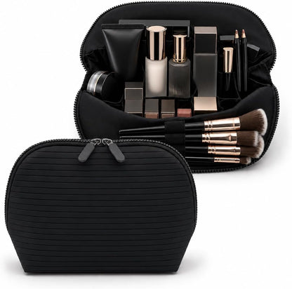Standing Fold Down Parallel Travel Makeup Bag for Women, Cosmetic Organizer with Multi-Compartments, Stand Bag Organizes skincare, Makeup and Brushes (Premium Version, Black, Medium)