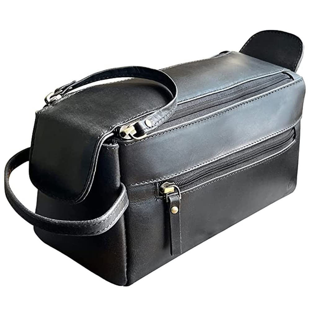 Leather Toiletry Bag for Men - Full Grain Travel Dopp Kit & Shaving Bag