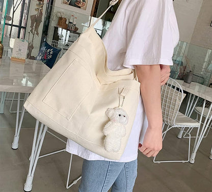 Cotton Tote Handbag Women Canvas Crossbody Beach Bag Hobo Shoulder Tote Bag with 3 External Pocket,Zipper Closure