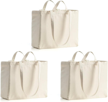 LINICE 3 Pack Canvas Grocery Bags with Long Shoulder Strap and Short Handle