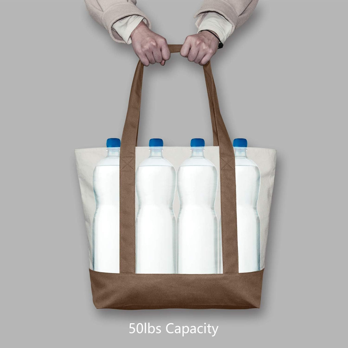 TOPDesign 1-Pack Canvas Tote Bag with an External Pocket, Reusable Grocery Shopping Bag, Top Zipper Closure, Daily Essentials (Brown/Natural)