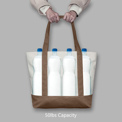 TOPDesign 1-Pack Canvas Tote Bag with an External Pocket, Reusable Grocery Shopping Bag, Top Zipper Closure, Daily Essentials (Brown/Natural)
