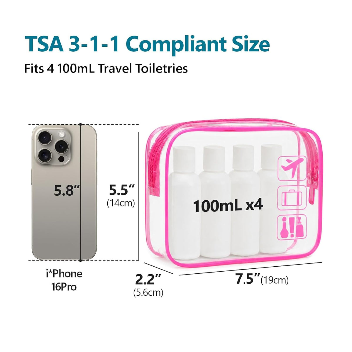 F-color TSA Approved Toiletry Bag - Clear Makeup Bag, 5 Pack, 5 Colors